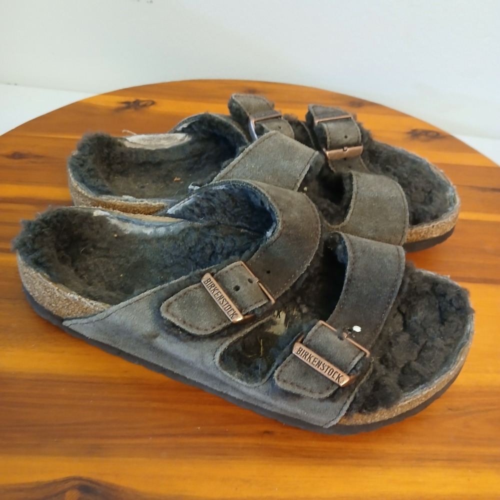 Birkenstock Arizona Sandals Mens 36 Black Shearling Lined Suede Two Strap Slide - Picture 3 of 8